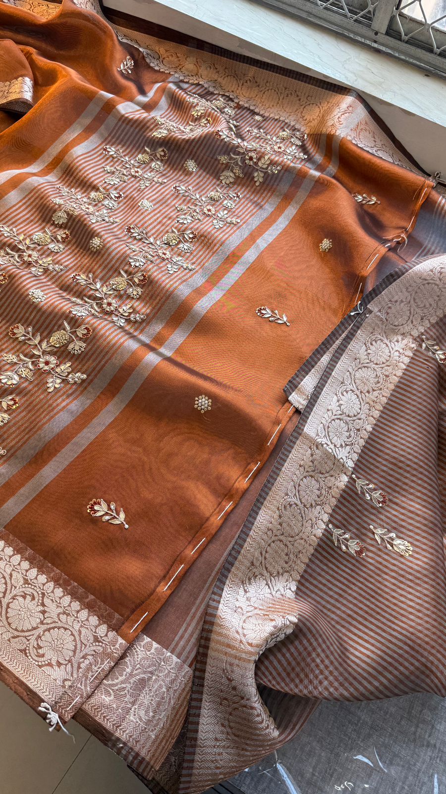 Regal Soft Tissue Banarasi Silk Saree With Handcrafted Zardozi Floral Border