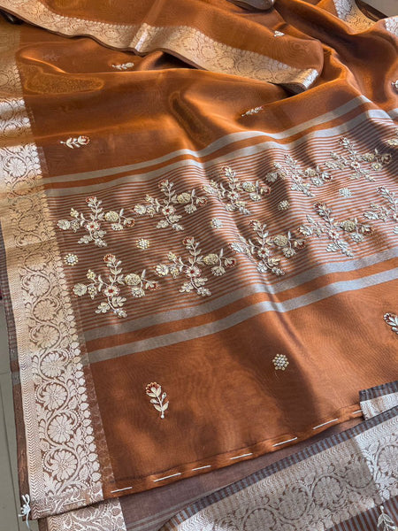 Regal Soft Tissue Banarasi Silk Saree With Handcrafted Zardozi Floral Border