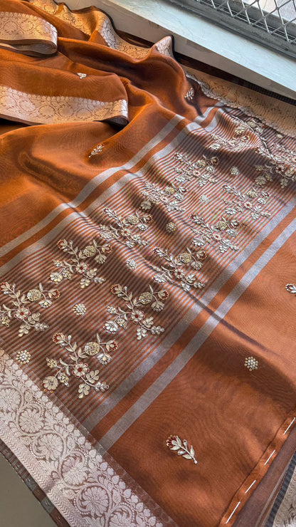 Zardozi Floral Border On Soft Tissue Banarasi Silk · 52 Artisan Hours of work · The Jashn Edit