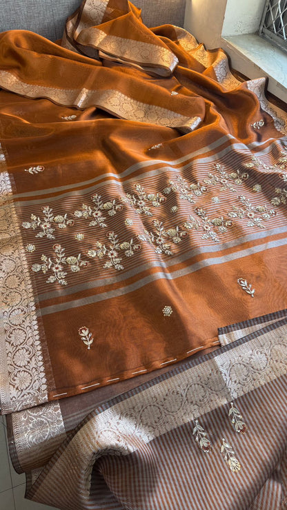 Zardozi Floral Border On Soft Tissue Banarasi Silk · 52 Artisan Hours of work · The Jashn Edit
