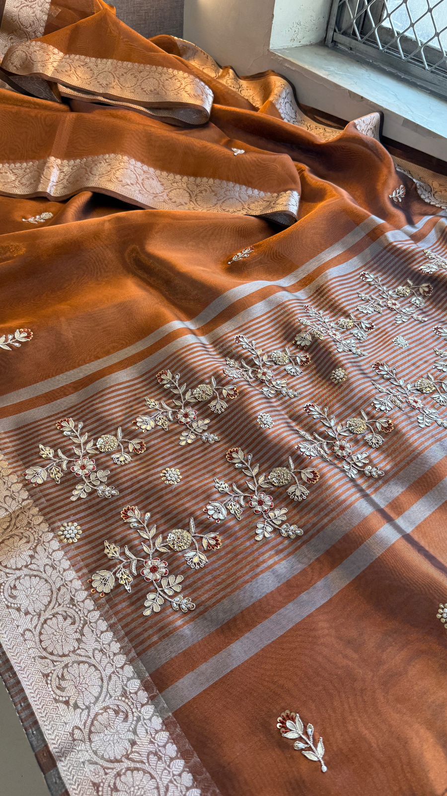 Zardozi Floral Border On Soft Tissue Banarasi Silk · 52 Artisan Hours of work · The Jashn Edit