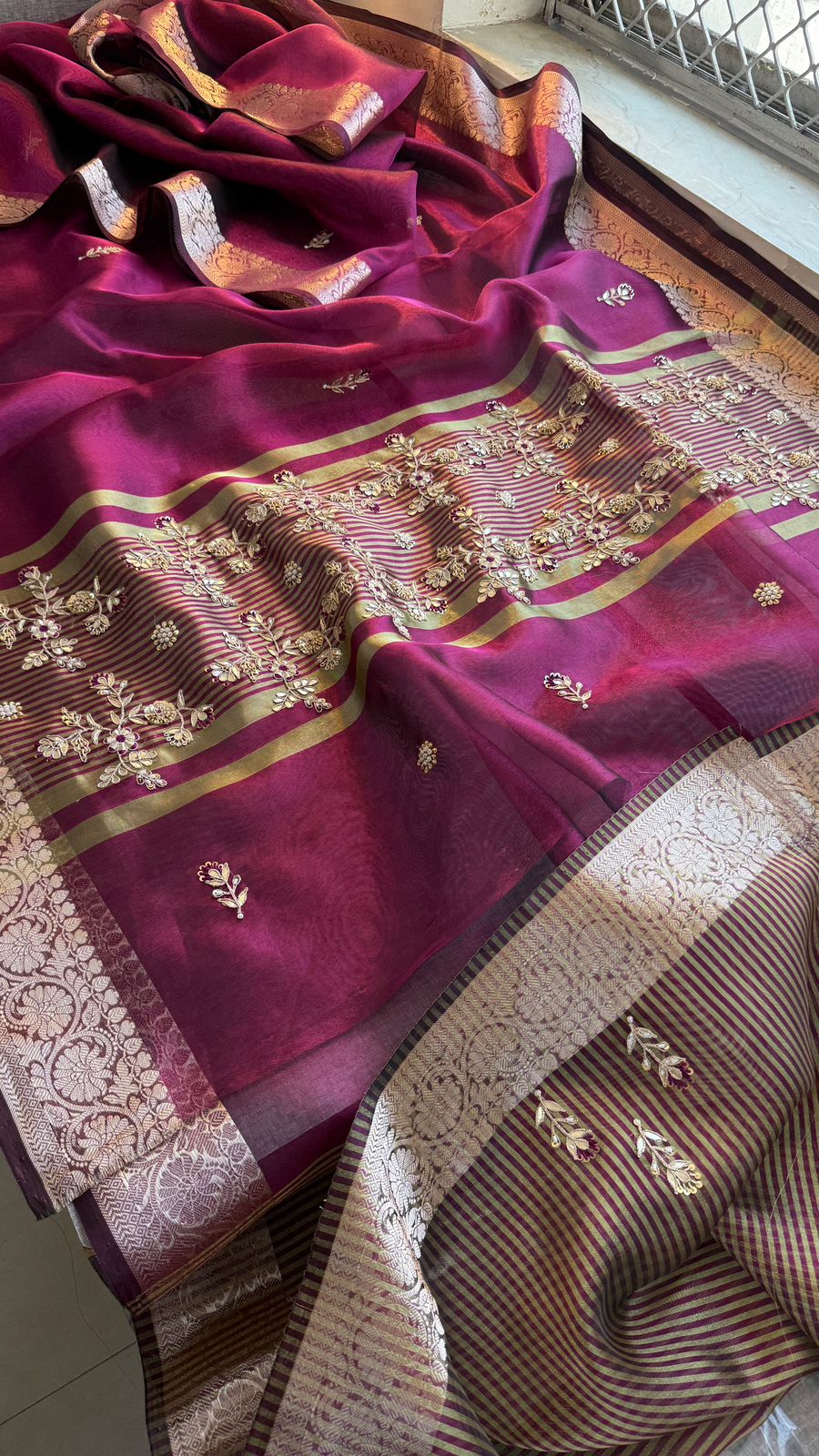 Zardozi Floral Border On Soft Tissue Banarasi Silk · 52 Artisan Hours of work · The Jashn Edit