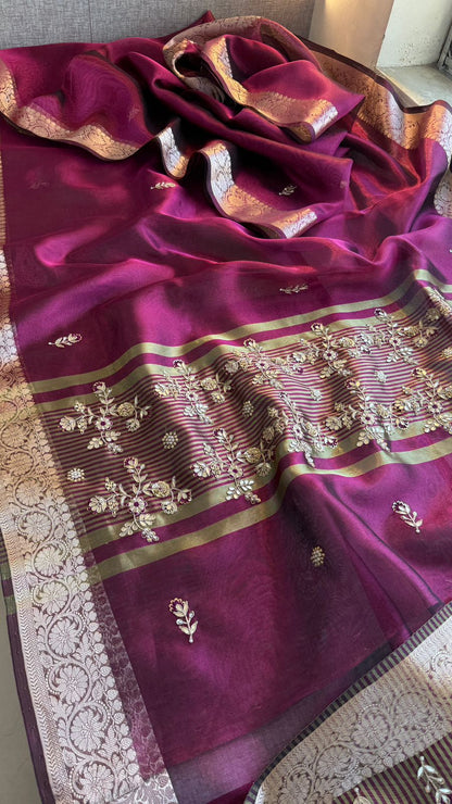 Zardozi Floral Border On Soft Tissue Banarasi Silk · 52 Artisan Hours of work · The Jashn Edit