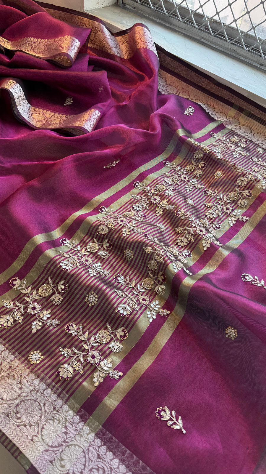 Zardozi Floral Border On Soft Tissue Banarasi Silk · 52 Artisan Hours of work · The Jashn Edit