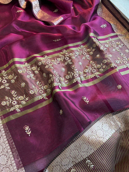 Regal Soft Tissue Banarasi Silk Saree With Handcrafted Zardozi Floral Border