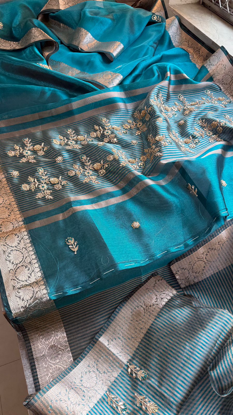Zardozi Floral Border On Soft Tissue Banarasi Silk · 52 Artisan Hours of work · The Jashn Edit