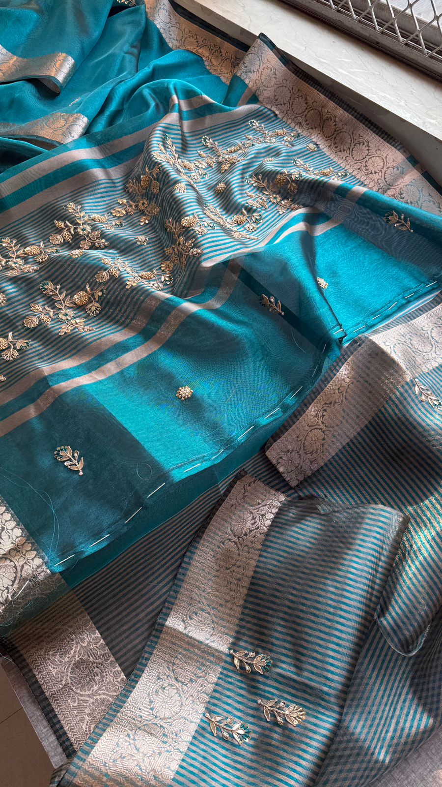Zardozi Floral Border On Soft Tissue Banarasi Silk · 52 Artisan Hours of work · The Jashn Edit