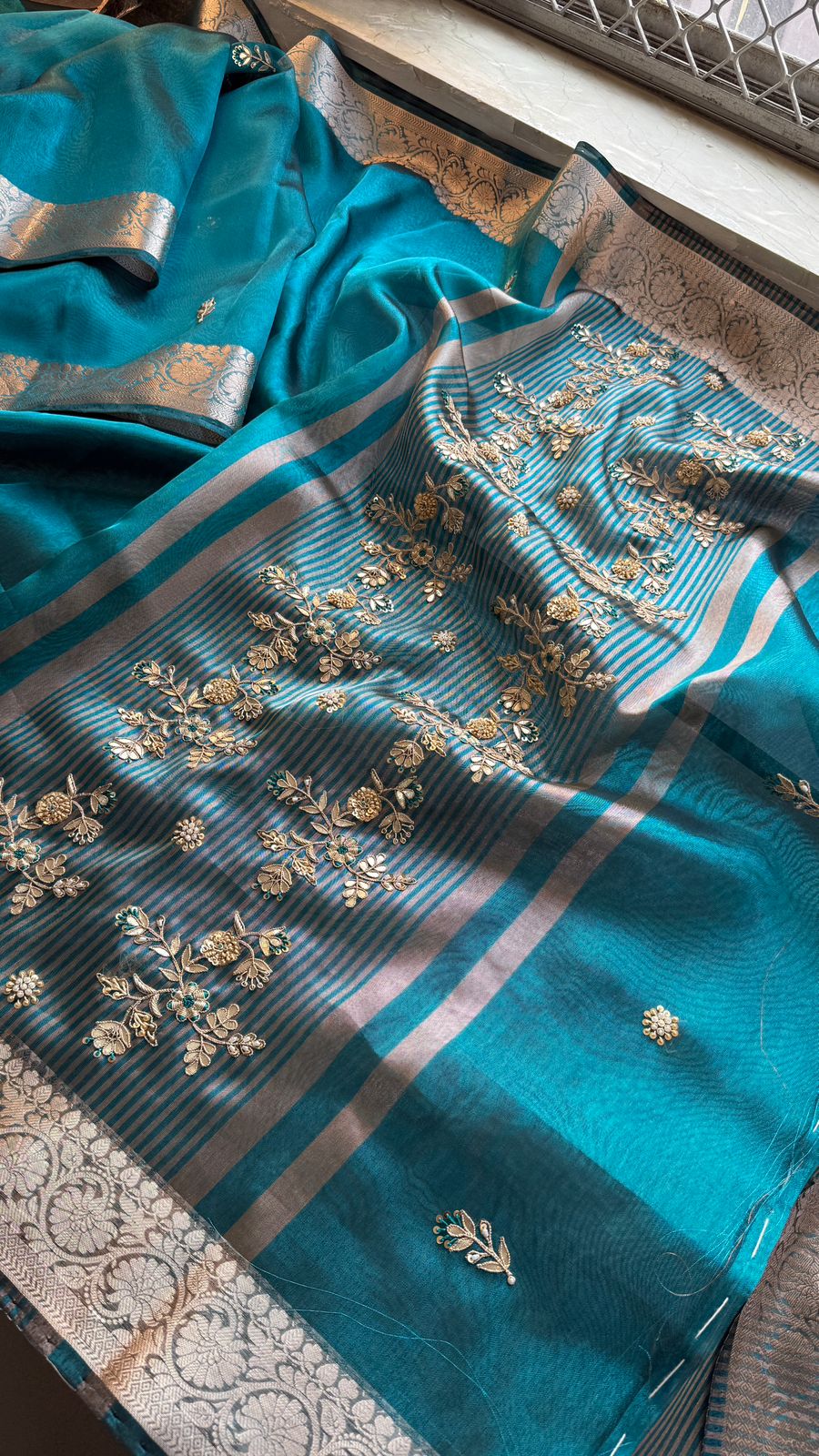 Zardozi Floral Border On Soft Tissue Banarasi Silk · 52 Artisan Hours of work · The Jashn Edit