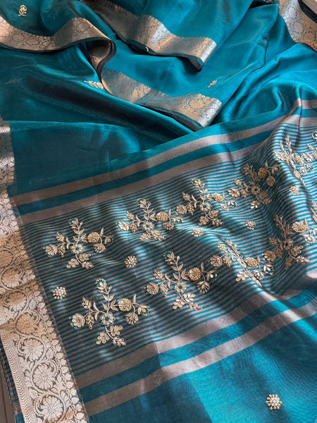 Regal Soft Tissue Banarasi Silk Saree With Handcrafted Zardozi Floral Border