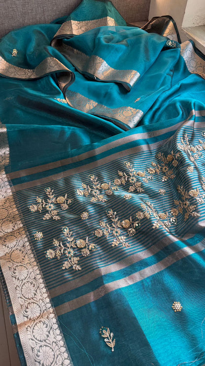 Zardozi Floral Border On Soft Tissue Banarasi Silk · 52 Artisan Hours of work · The Jashn Edit