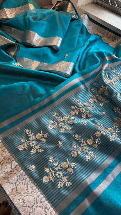 Zardozi Floral Border On Soft Tissue Banarasi Silk · 52 Artisan Hours of work · The Jashn Edit