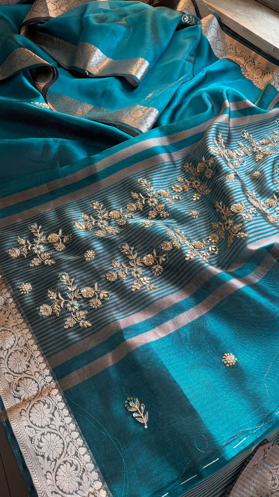 Zardozi Floral Border On Soft Tissue Banarasi Silk · 52 Artisan Hours of work · The Jashn Edit