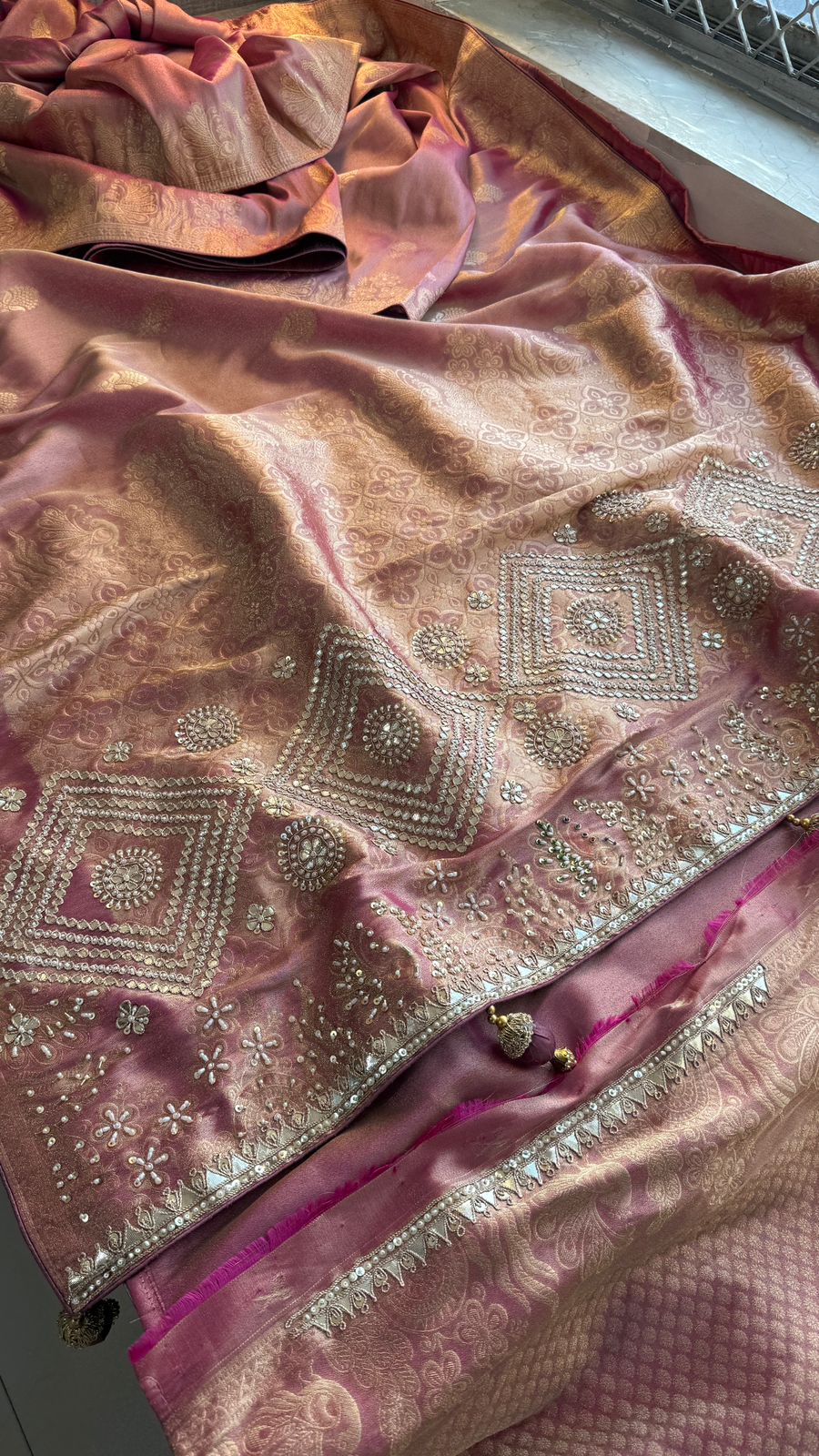 Zardozi Pearl And Zarkan On Munga Silk Banarasi · 64 Artisan Hours of work · The Royal Edit