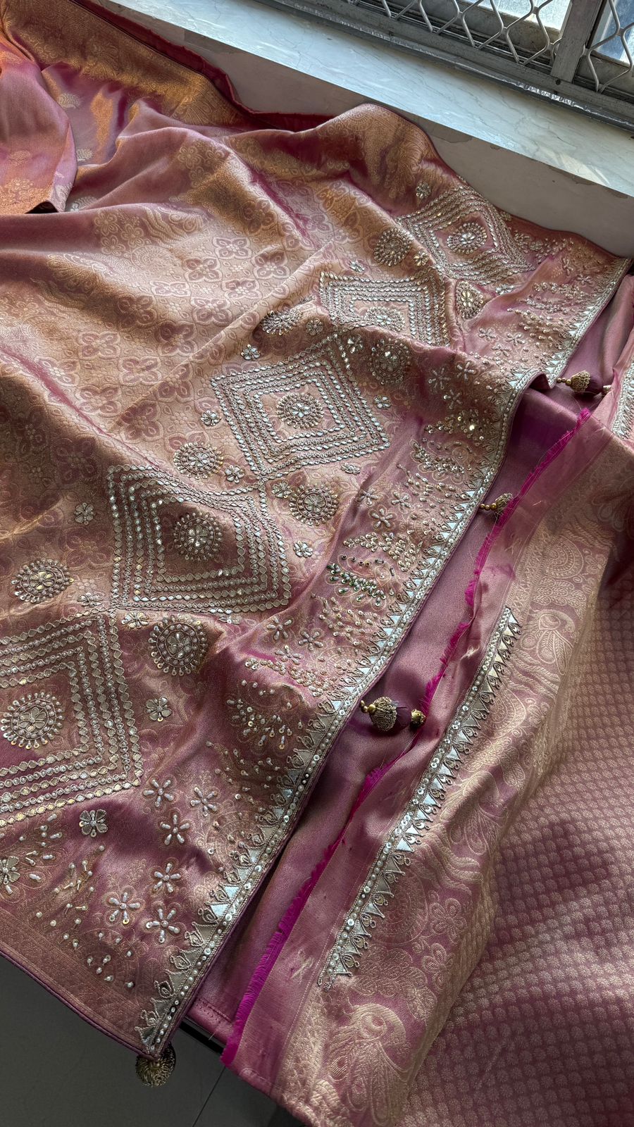 Zardozi Pearl And Zarkan On Munga Silk Banarasi · 64 Artisan Hours of work · The Royal Edit