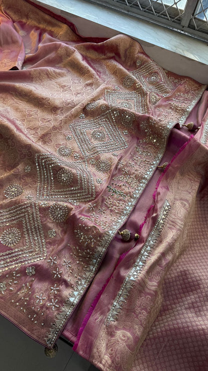 Zardozi Pearl And Zarkan On Munga Silk Banarasi · 64 Artisan Hours of work · The Royal Edit