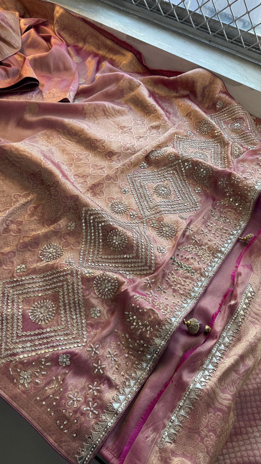 Zardozi Pearl And Zarkan On Munga Silk Banarasi · 64 Artisan Hours of work · The Royal Edit