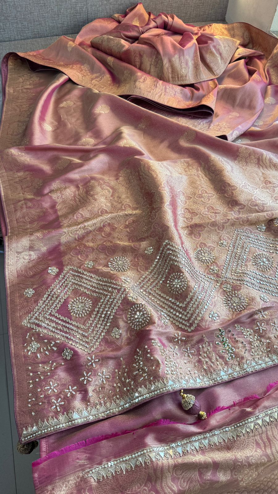 Zardozi Pearl And Zarkan On Munga Silk Banarasi · 64 Artisan Hours of work · The Royal Edit