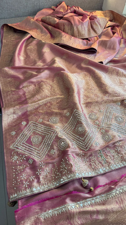 Zardozi Pearl And Zarkan On Munga Silk Banarasi · 64 Artisan Hours of work · The Royal Edit
