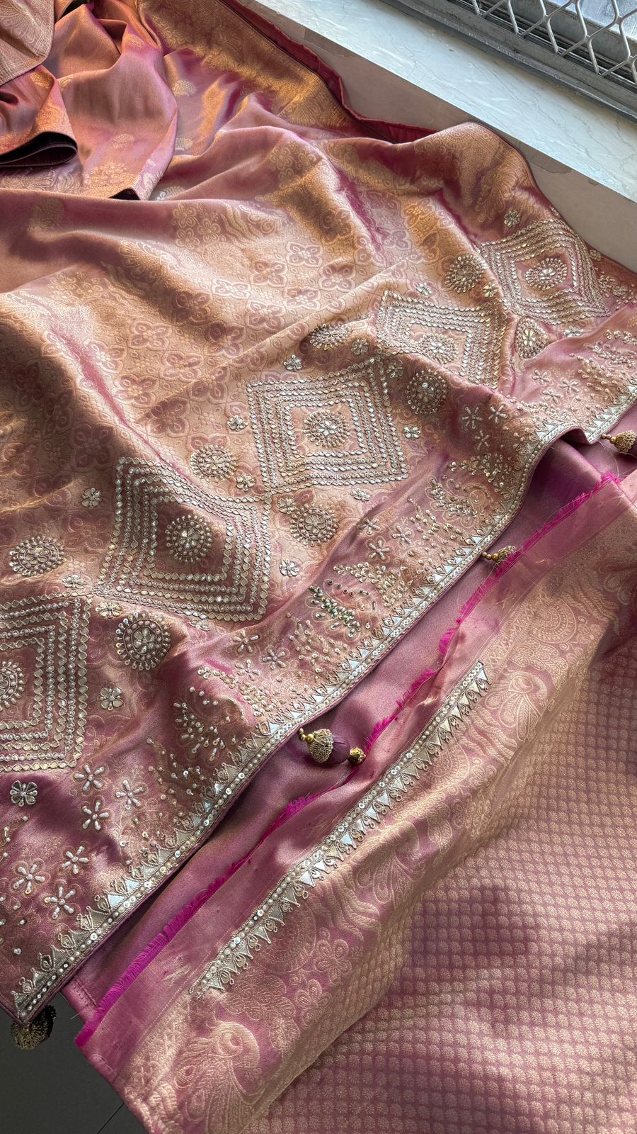 Zardozi Pearl And Zarkan On Munga Silk Banarasi · 64 Artisan Hours of work · The Royal Edit