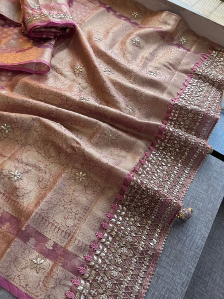 Elegant Tissue Silk Banarasi Saree With Handcrafted Gotapatti Zardozi Pearl Detailing