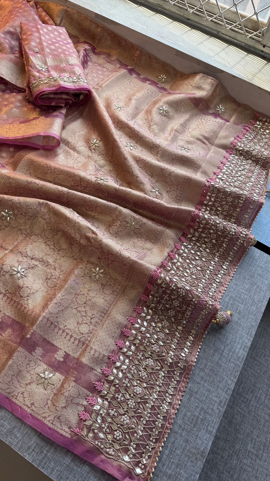 Elegant Tissue Silk Banarasi Saree With Handcrafted Gotapatti Zardozi Pearl Detailing