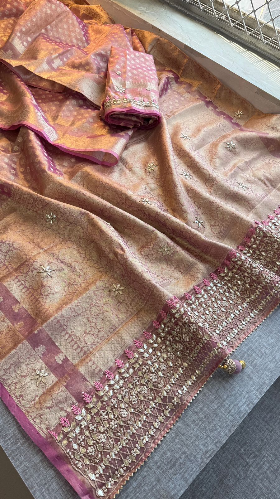 Elegant Tissue Silk Banarasi Saree With Handcrafted Gotapatti Zardozi Pearl Detailing