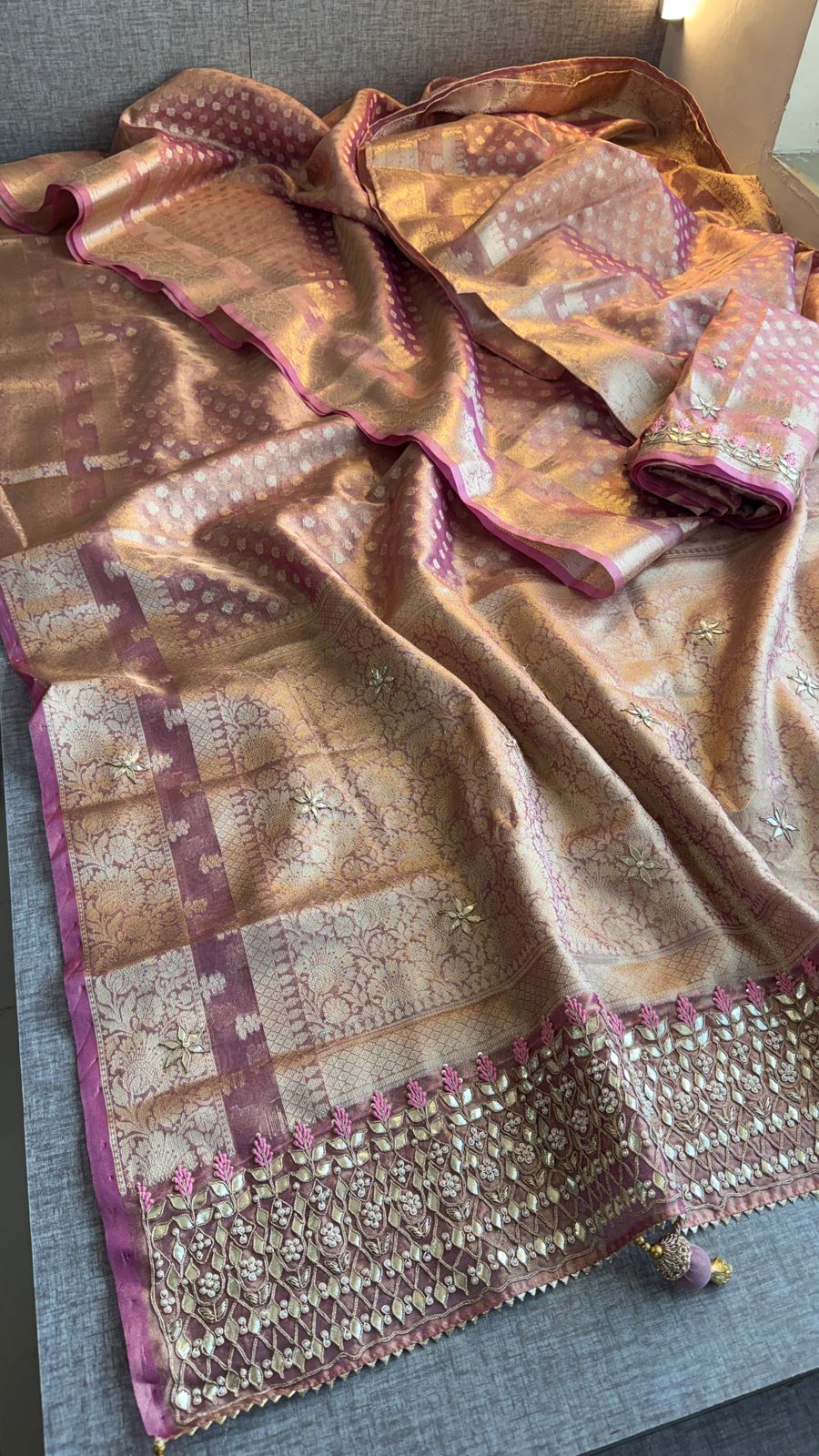 Elegant Tissue Silk Banarasi Saree With Handcrafted Gotapatti Zardozi Pearl Detailing