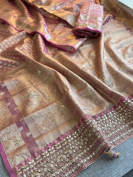 Elegant Tissue Silk Banarasi Saree With Handcrafted Gotapatti Zardozi Pearl Detailing