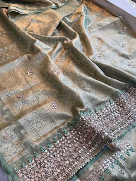 Elegant Tissue Silk Banarasi Saree With Handcrafted Gotapatti Zardozi Pearl Detailing