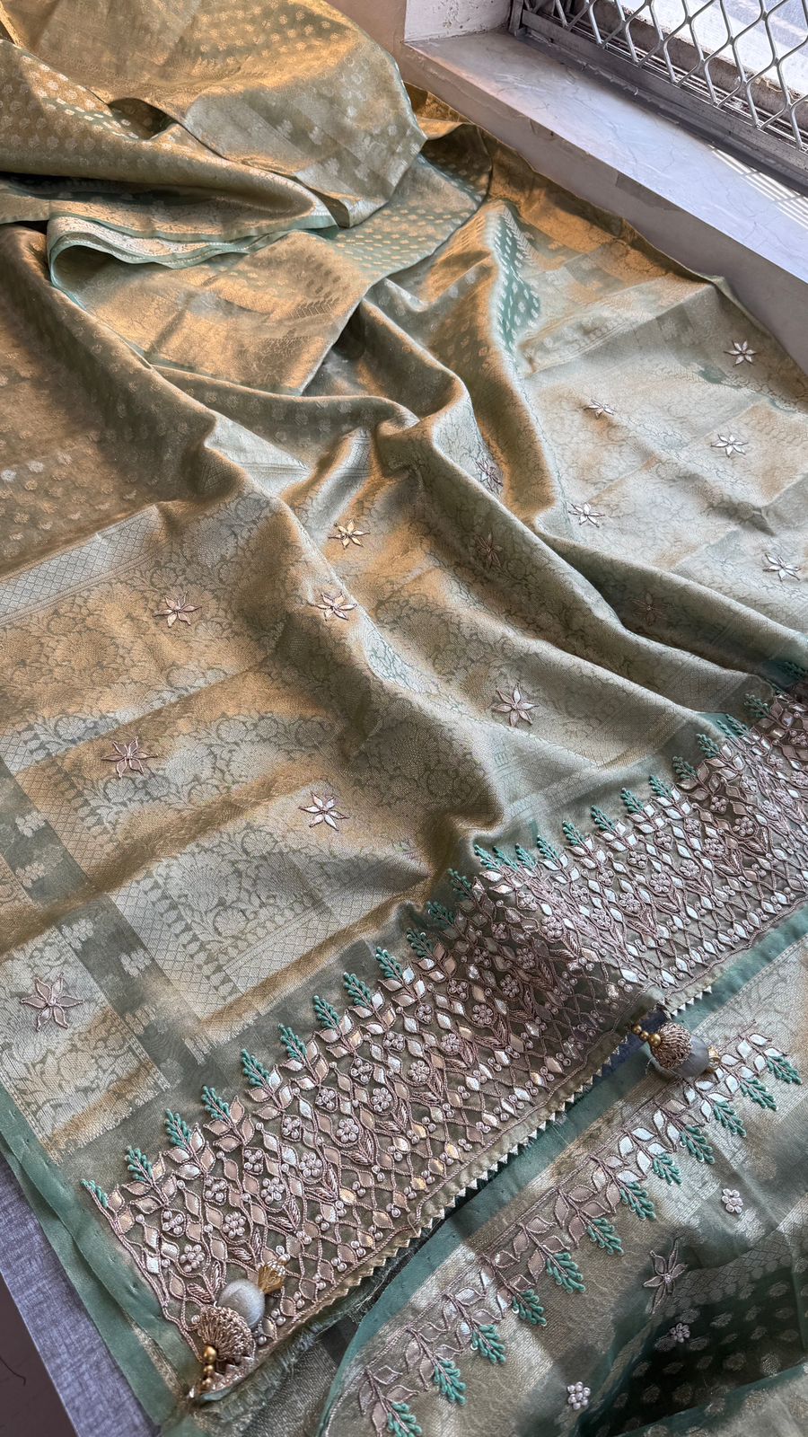 Elegant Tissue Silk Banarasi Saree With Handcrafted Gotapatti Zardozi Pearl Detailing