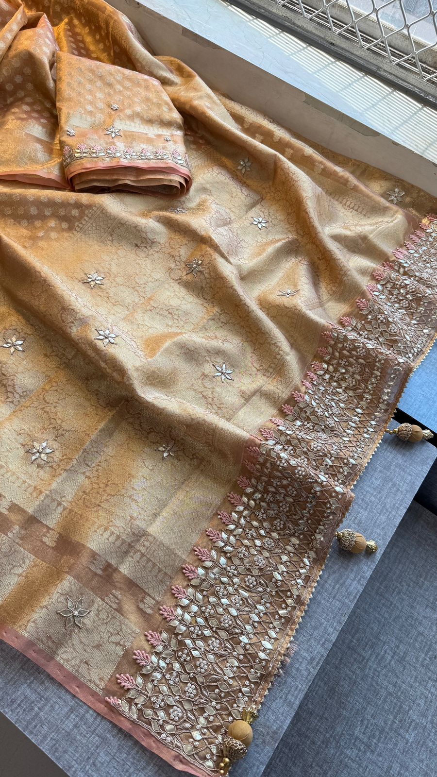 Elegant Tissue Silk Banarasi Saree With Handcrafted Gotapatti Zardozi Pearl Detailing