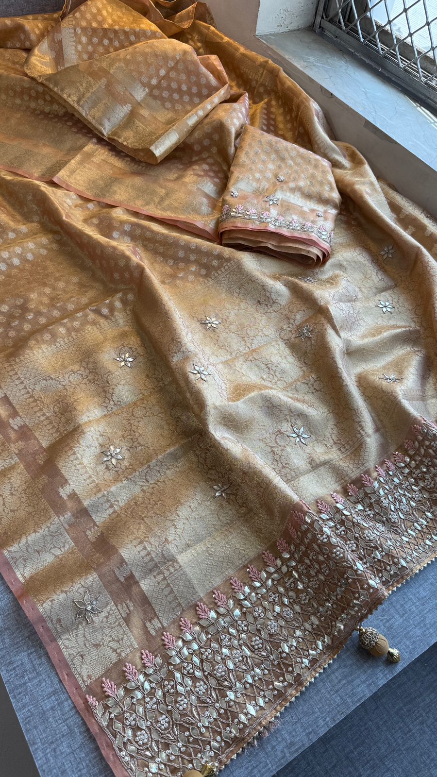 Elegant Tissue Silk Banarasi Saree With Handcrafted Gotapatti Zardozi Pearl Detailing