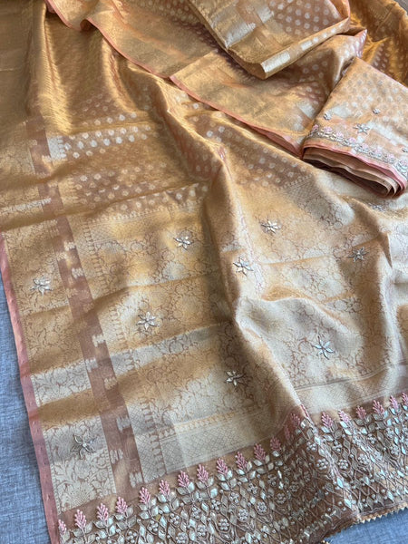 Elegant Tissue Silk Banarasi Saree With Handcrafted Gotapatti Zardozi Pearl Detailing