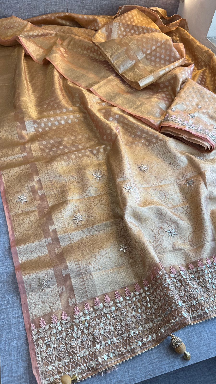 Elegant Tissue Silk Banarasi Saree With Handcrafted Gotapatti Zardozi Pearl Detailing