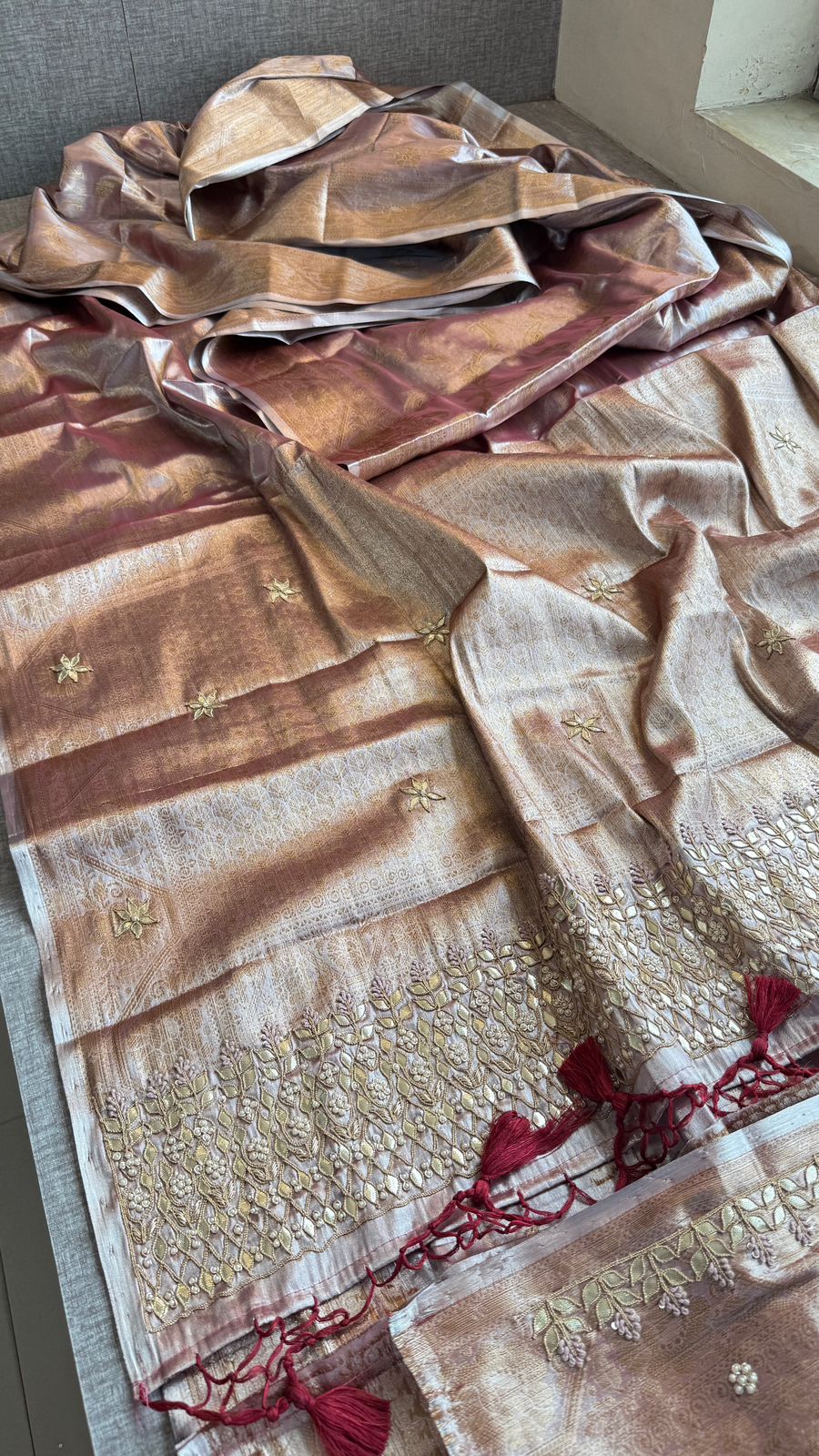 Elegant Tissue Silk Banarasi Saree With Handcrafted Gotapatti Zardozi Pearl Detailing