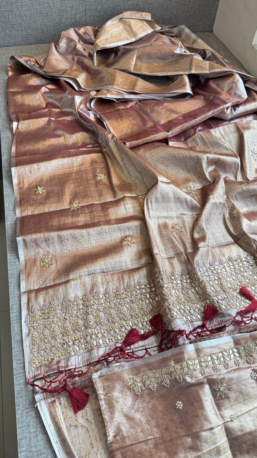 Elegant Tissue Silk Banarasi Saree With Handcrafted Gotapatti Zardozi Pearl Detailing