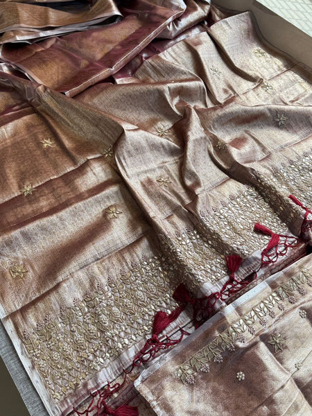 Elegant Tissue Silk Banarasi Saree With Handcrafted Gotapatti Zardozi Pearl Detailing
