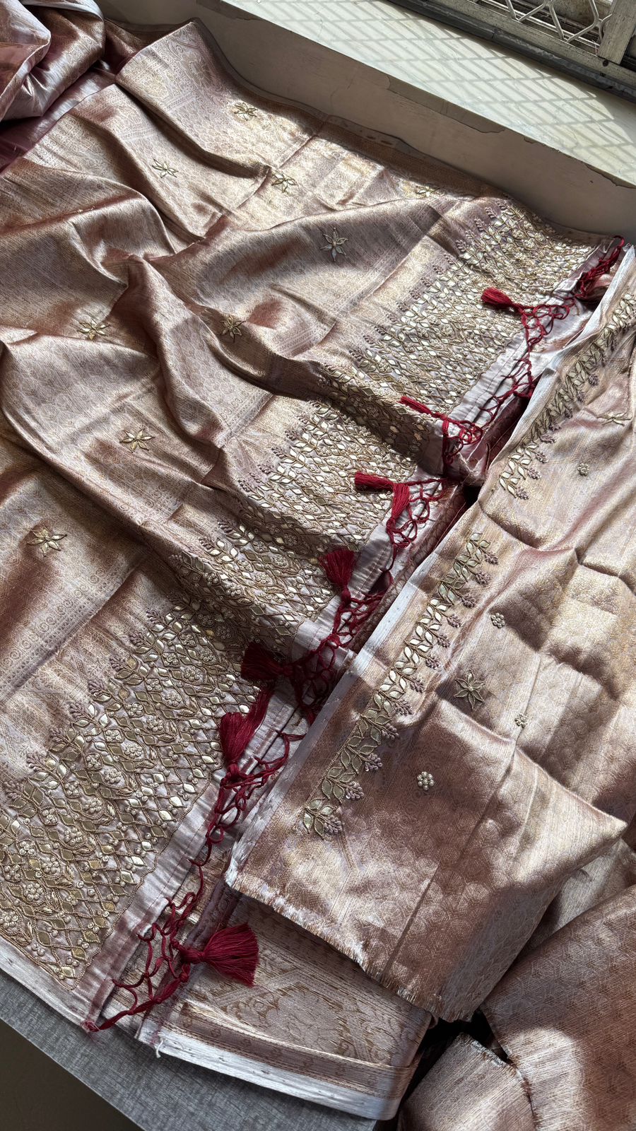 Elegant Tissue Silk Banarasi Saree With Handcrafted Gotapatti Zardozi Pearl Detailing