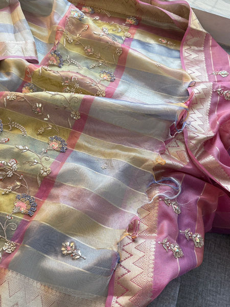 Pastel Radiance Tissue Silk Banarasi Saree With Handcrafted Zardozi & Pearl Detailing