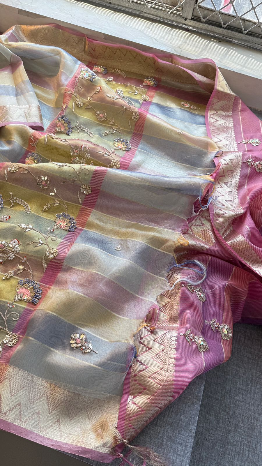 Pastel Radiance Tissue Silk Banarasi Saree With Handcrafted Zardozi & Pearl Detailing