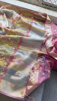 Pastel Radiance Tissue Silk Banarasi Saree With Handcrafted Zardozi & Pearl Detailing