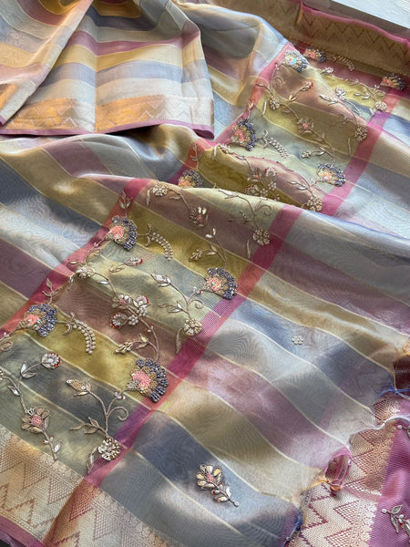 Pastel Radiance Tissue Silk Banarasi Saree With Handcrafted Zardozi & Pearl Detailing