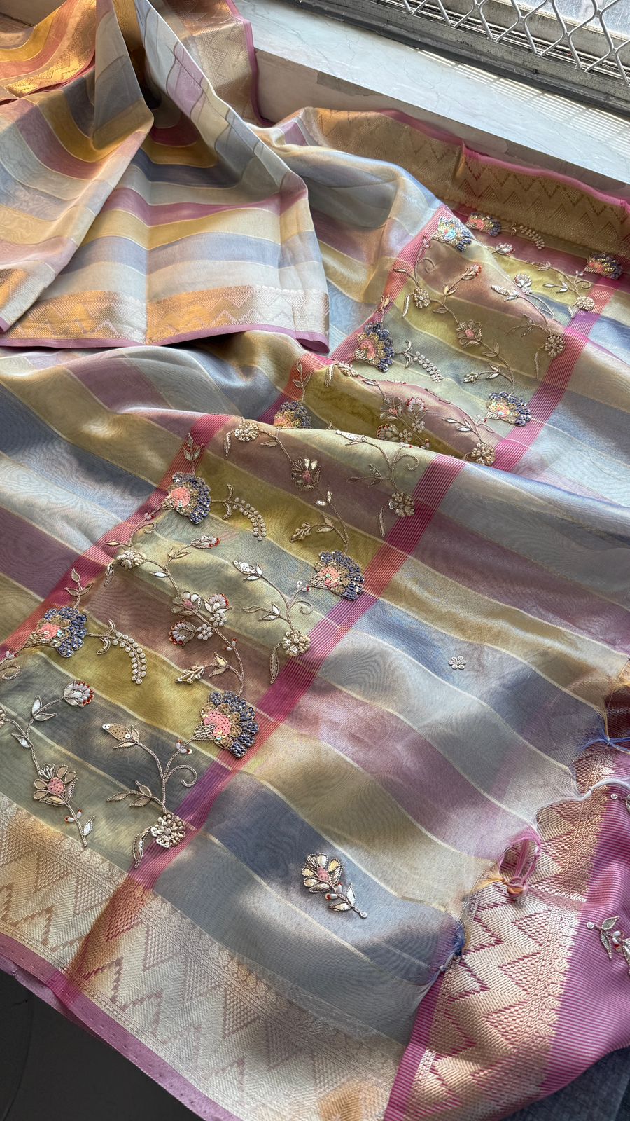 Pastel Radiance Tissue Silk Banarasi Saree With Handcrafted Zardozi & Pearl Detailing