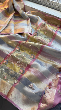 Pastel Radiance Tissue Silk Banarasi Saree With Handcrafted Zardozi & Pearl Detailing