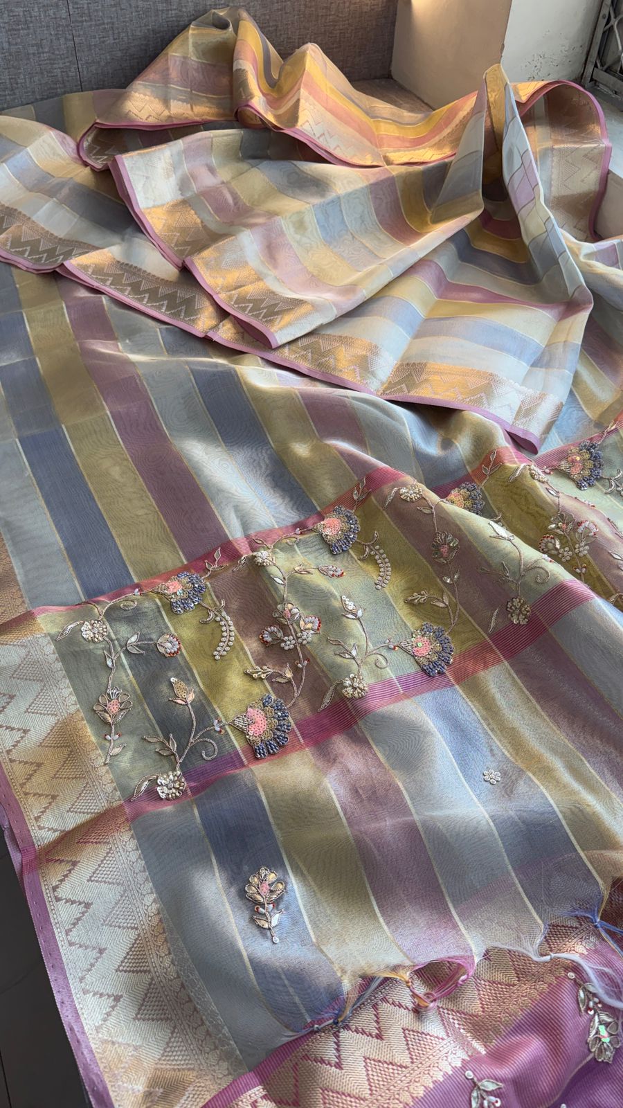 Pastel Radiance Tissue Silk Banarasi Saree With Handcrafted Zardozi & Pearl Detailing