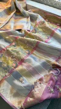 Pastel Radiance Tissue Silk Banarasi Saree With Handcrafted Zardozi & Pearl Detailing