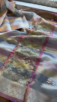 Pastel Radiance Tissue Silk Banarasi Saree With Handcrafted Zardozi & Pearl Detailing