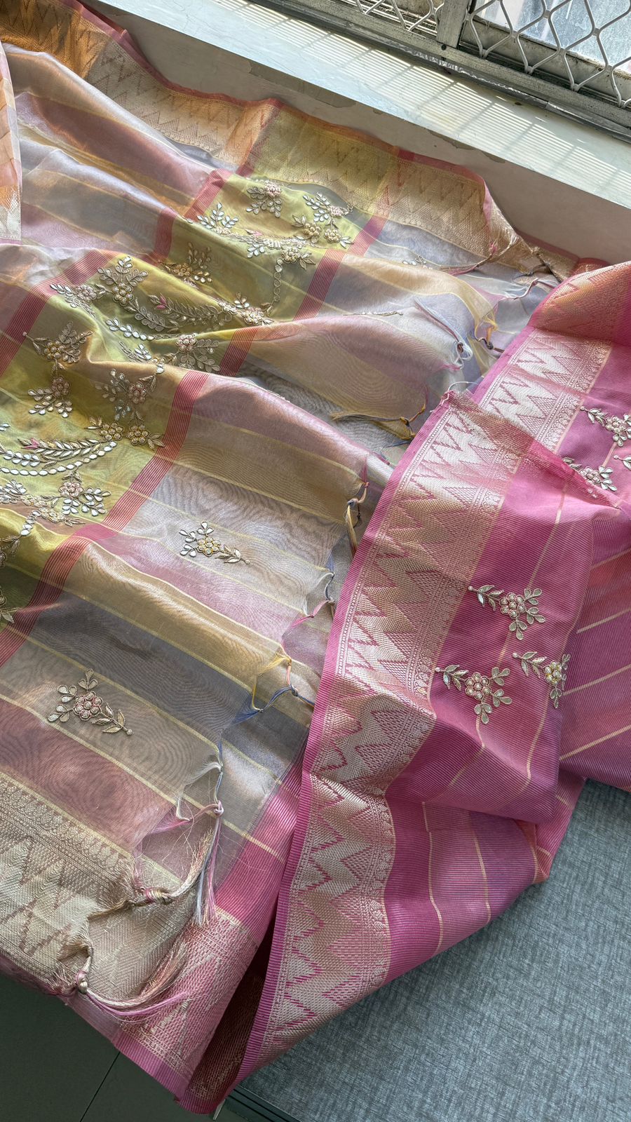 Pastel Radiance Tissue Silk Banarasi Saree With Handcrafted Zardozi & Pearl Detailing