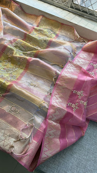 Pastel Radiance Tissue Silk Banarasi Saree With Handcrafted Zardozi & Pearl Detailing