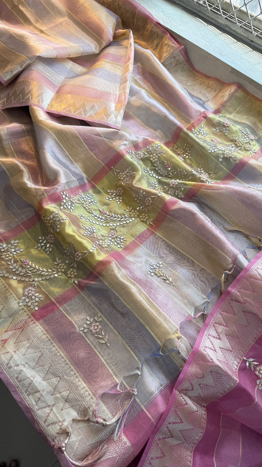 Pastel Radiance Tissue Silk Banarasi Saree With Handcrafted Zardozi & Pearl Detailing